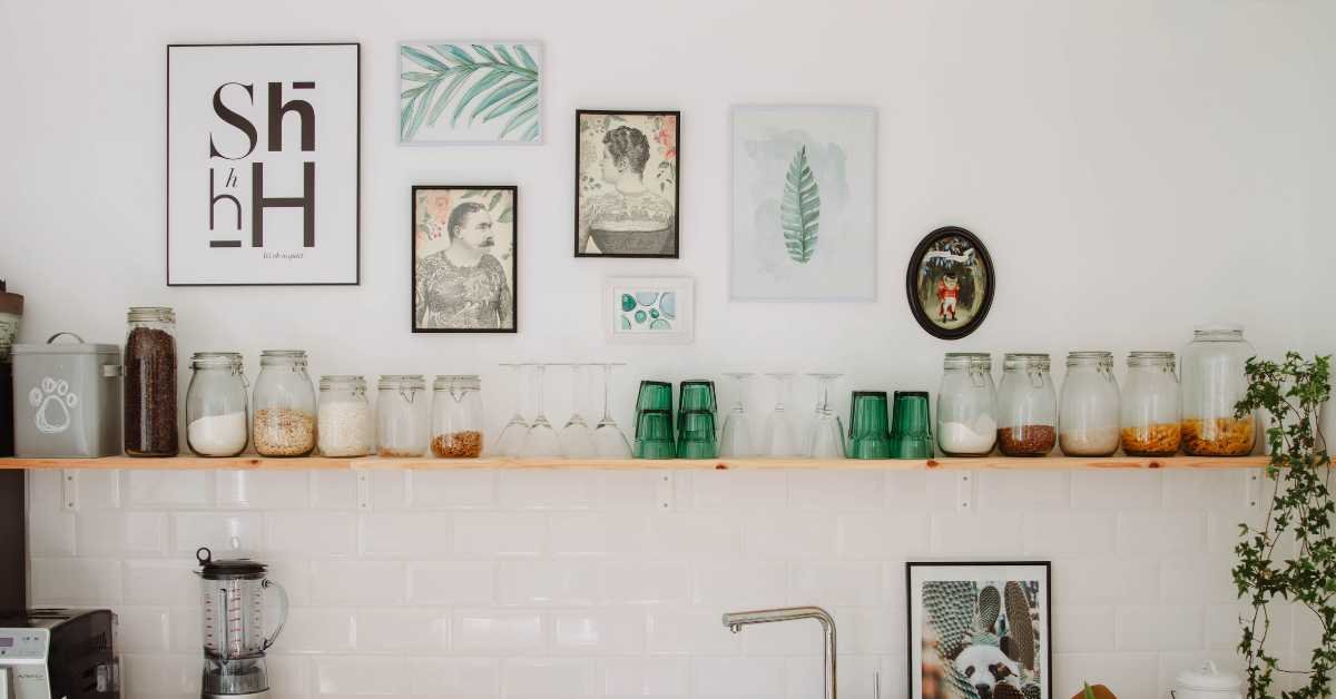 dusty wall shelf above kitchen counter