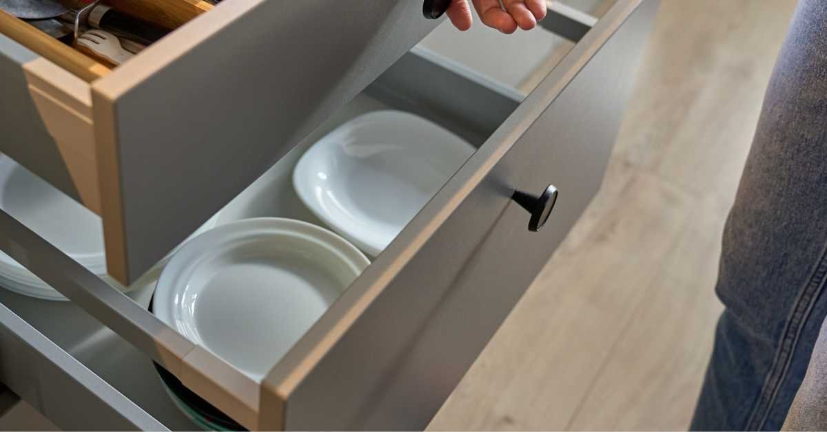extra plates stored in upper cabinet