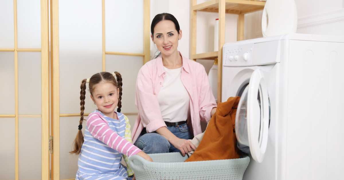 parent and child doing household chores together at home