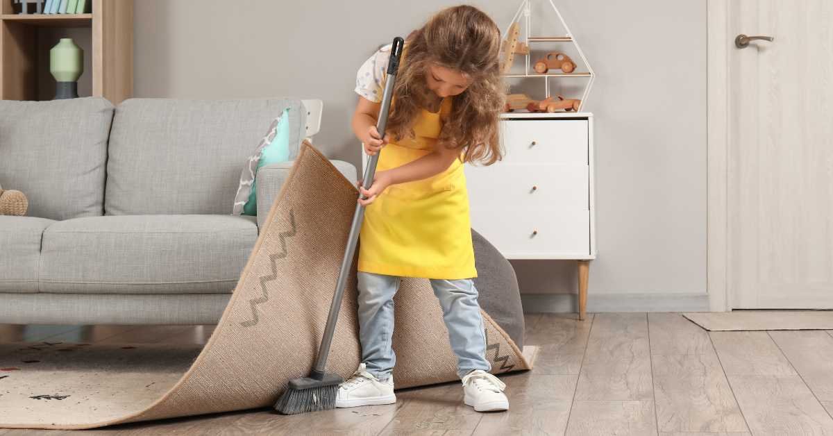 child sweeping floor imperfectly learning