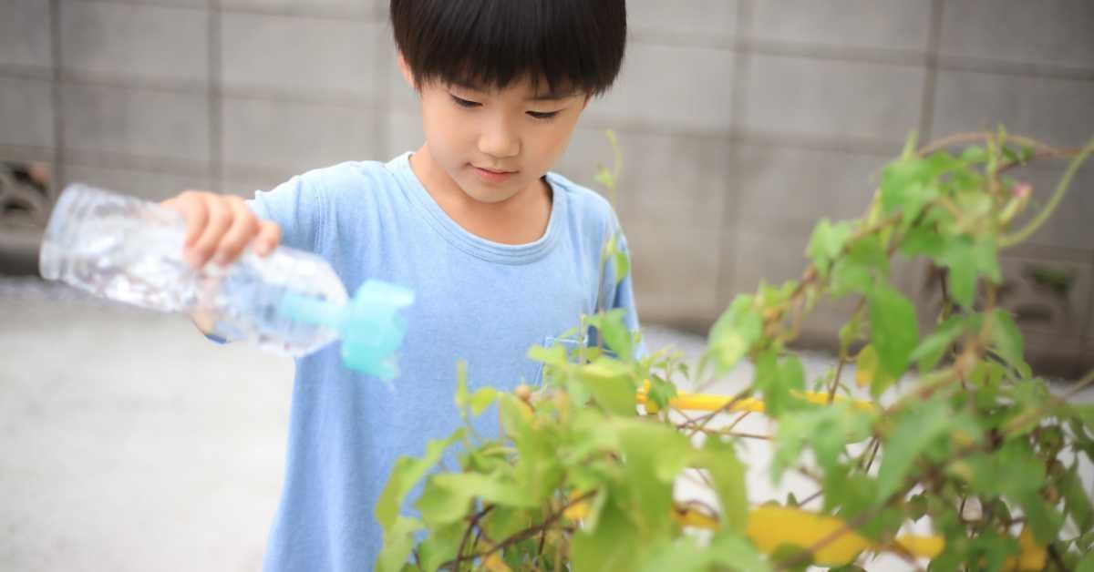 child watering plants on balcony 