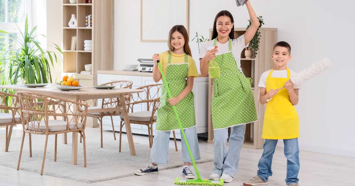 family cleaning house together routine